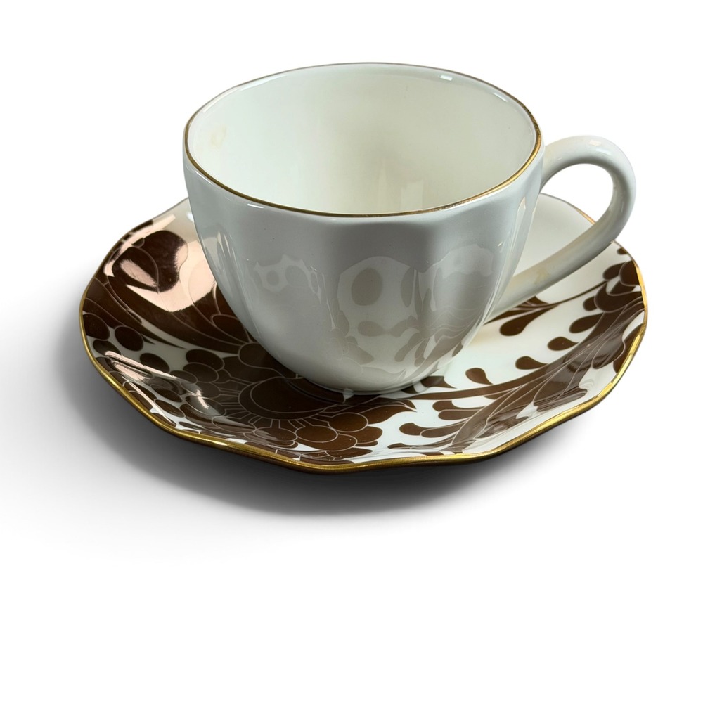 Kate Spade Lenox Gwinnett Lane Creme Teacup and Chocolate Saucer Set Gold Rim